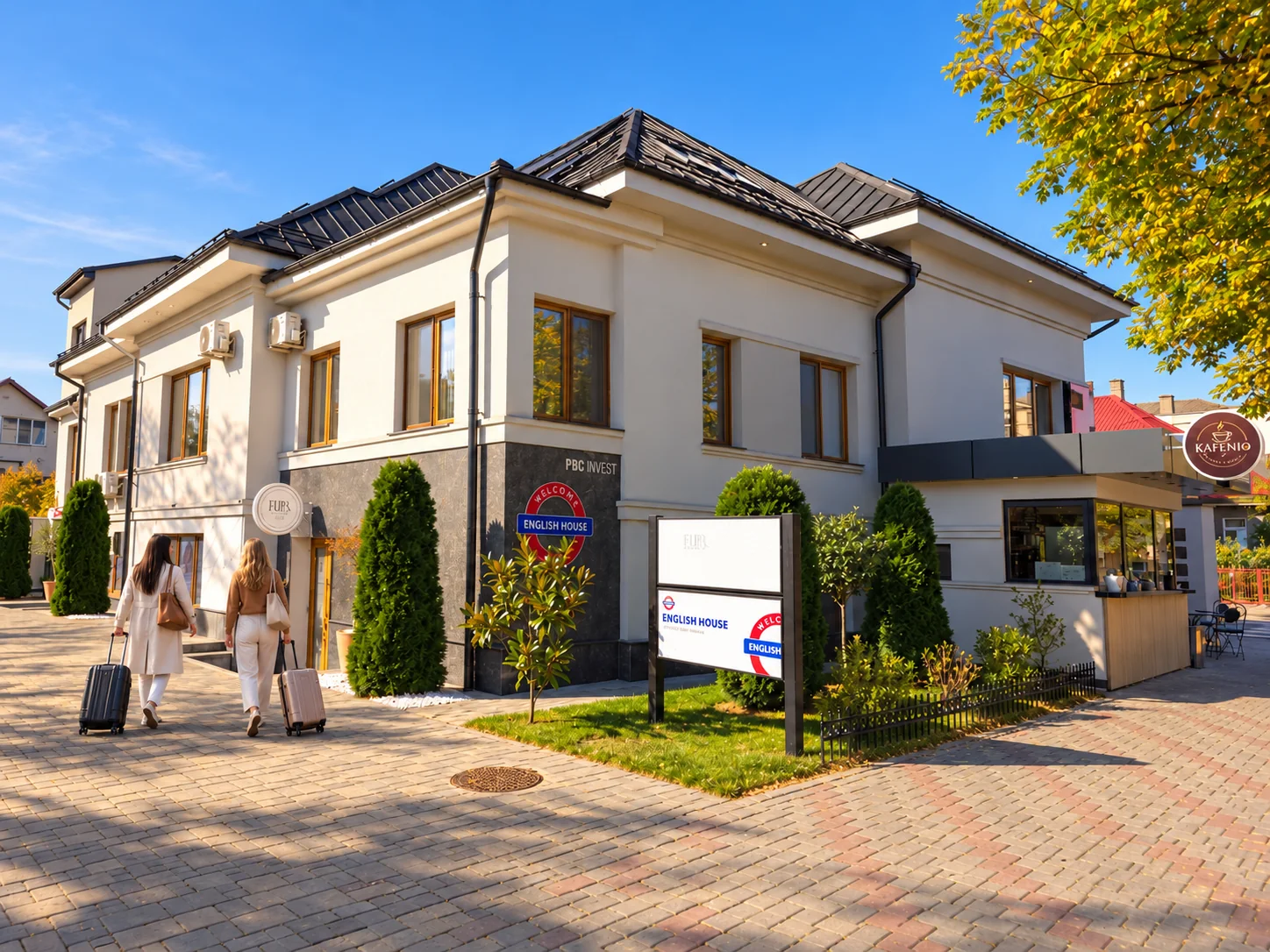 Fațada English House Bistrița și două călătoare cu trolere, adăugate digital